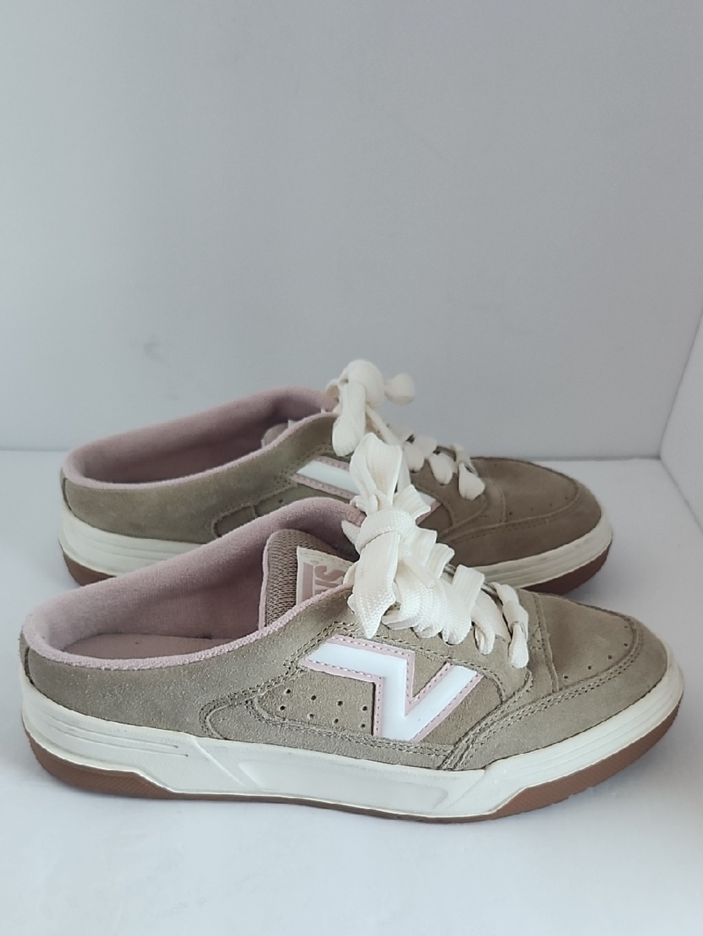 Women’s Taupe Suede Lace-Up Slip-on Sneakers with Pink Lining And Details